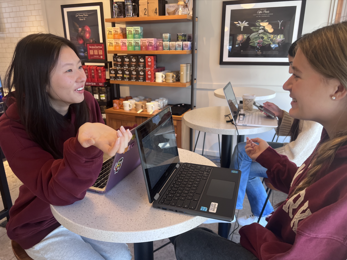 Juniors Yuna Jeong and Savannah Taylor discuss the new device requirements for their AP English Language class. While Taylor’s Chromebook lets her do basic classwork, Jeong’s Macbook can download the required software for Paly Robotics.